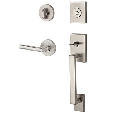 Right Handed Single Cylinder La Jolla Handleset with Tube Door Lever with Contemporary Round Rose in Satin Nickel