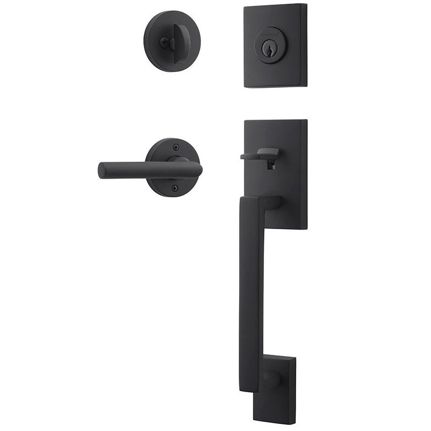 Right Handed Single Cylinder La Jolla Handleset with Tube Door Lever with Contemporary Round Rose in Satin Black