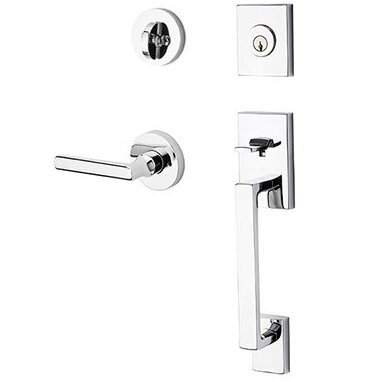 Right Handed Single Cylinder La Jolla Handleset with Tube Door Lever with Contemporary Round Rose in Polished Chrome