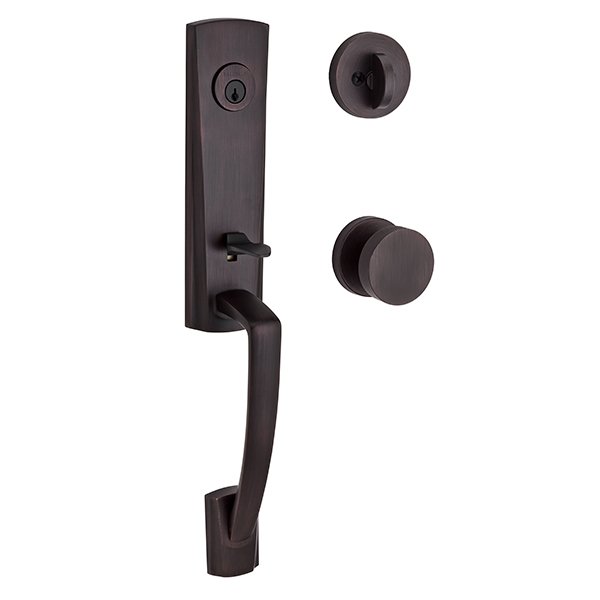 Single Cylinder Miami Handleset with Contemporary Door Knob with Contemporary Round Rose in Venetian Bronze