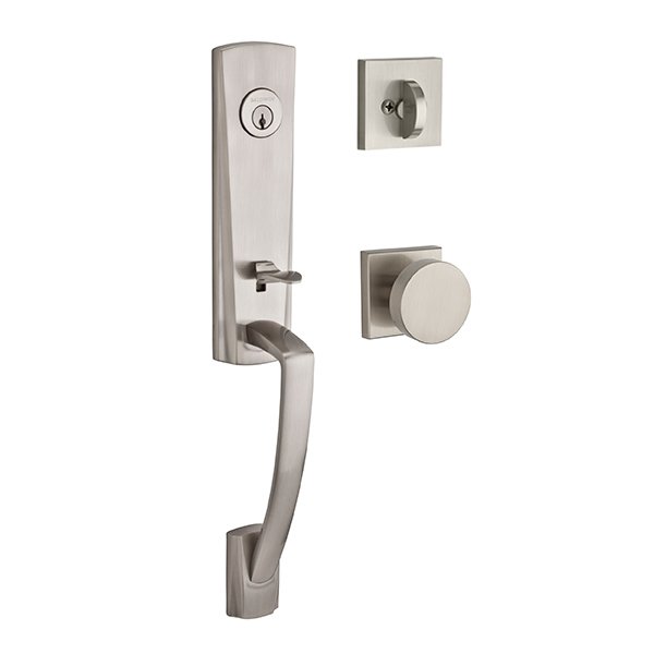 Single Cylinder Miami Handleset with Contemporary Door Knob with Contemporary Square Rose in Satin Nickel