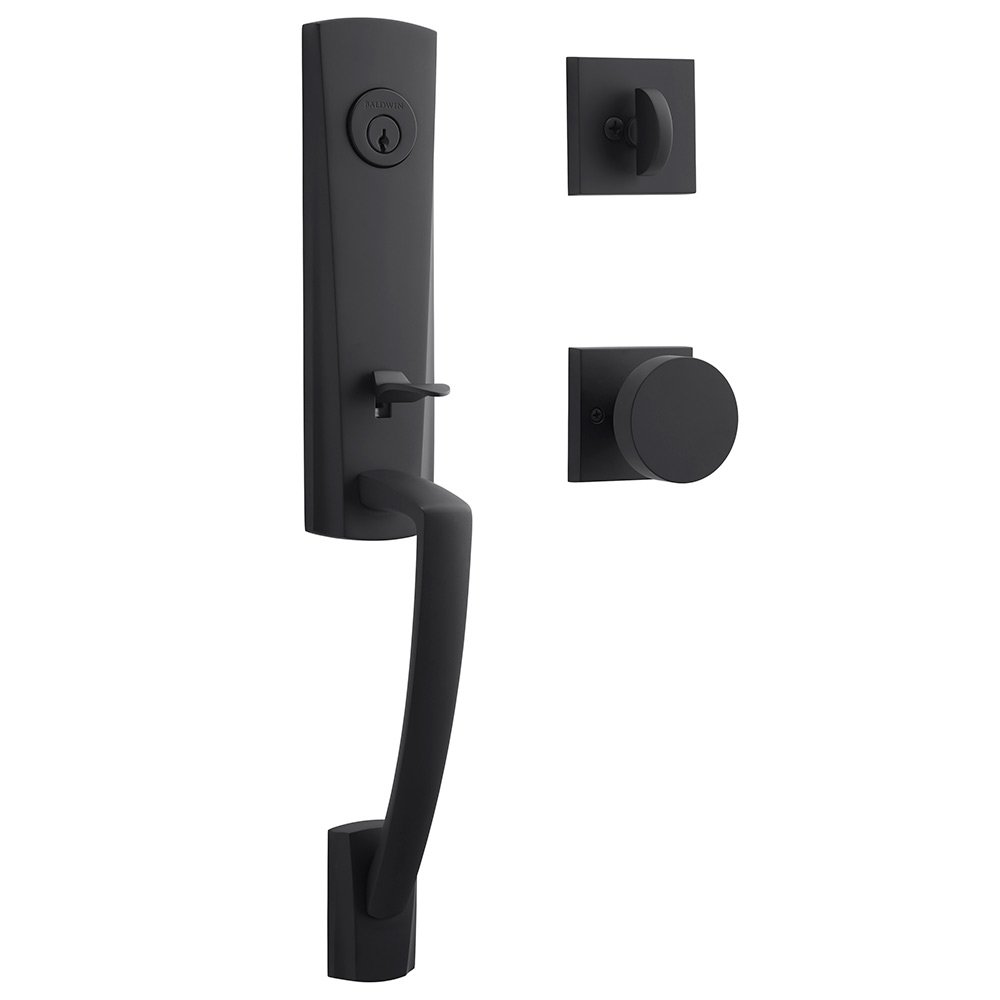 Single Cylinder Miami Handleset with Contemporary Door Knob with Contemporary Square Rose in Satin Black