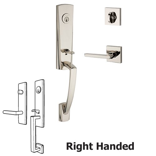 Right Handed Single Cylinder Miami Handleset with Square Door Lever with Contemporary Square Rose in Polished Nickel