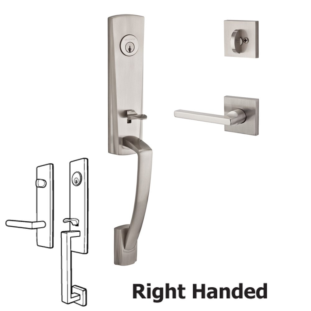 Handleset with Right Handed Square Lever and Contemporary Square Rose in Satin Nickel