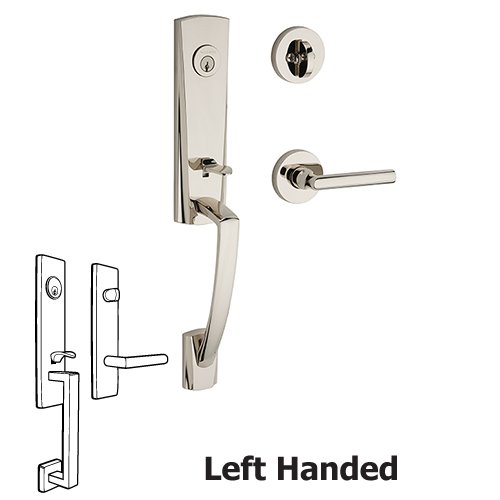Left Handed Single Cylinder Miami Handleset with Tube Door Lever with Contemporary Round Rose in Polished Nickel