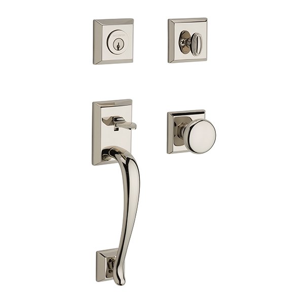 Single Cylinder Napa Handleset with Round Door Knob with Traditional Square Rose in Polished Nickel