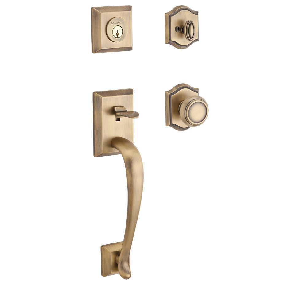 Handleset with Traditional Knob and Traditional Arch Rose in Matte Brass & Black