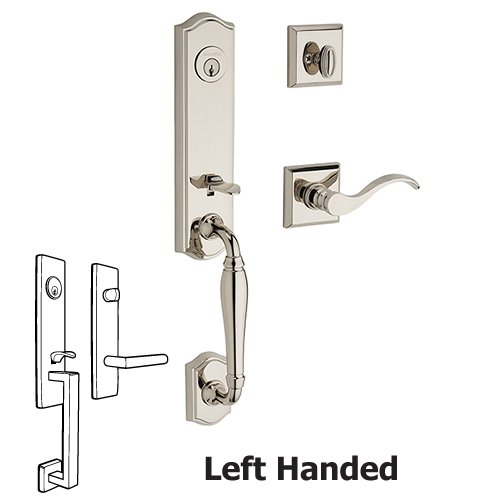 Left Handed Single Cylinder New Hampshire Handleset with Curve Door Lever with Traditional Square Rose in Polished Nickel