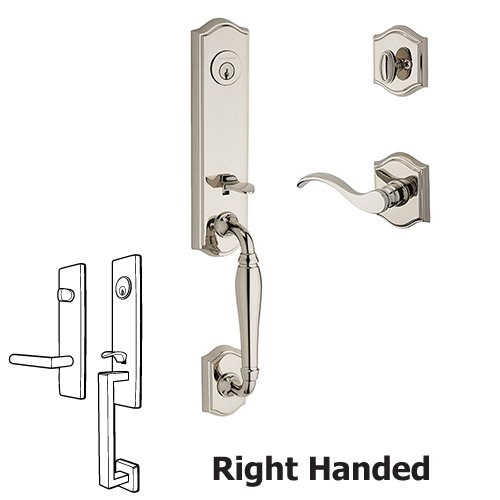 Right Handed Single Cylinder New Hampshire Handleset with Curve Door Lever with Traditional Arch Rose in Polished Nickel