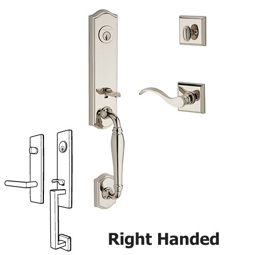 Right Handed Single Cylinder New Hampshire Handleset with Curve Door Lever with Traditional Square Rose in Polished Nickel