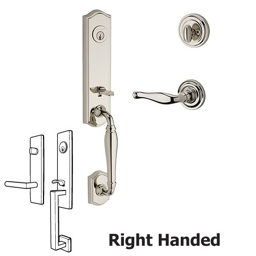Right Handed Single Cylinder New Hampshire Handleset with Decorative Door Lever with Traditional Round Rose in Polished Nickel