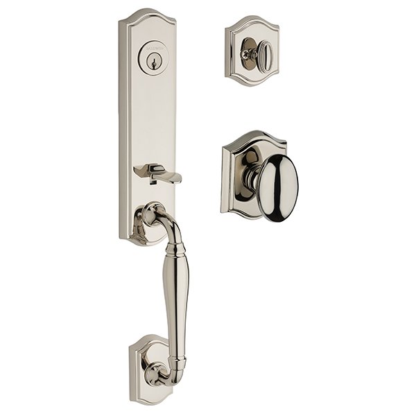 Single Cylinder New Hampshire Handleset with Ellipse Door Knob with Traditional Arch Rose in Polished Nickel