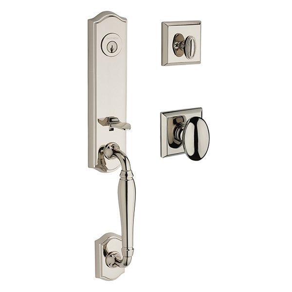 Single Cylinder New Hampshire Handleset with Ellipse Door Knob with Traditional Square Rose in Polished Nickel