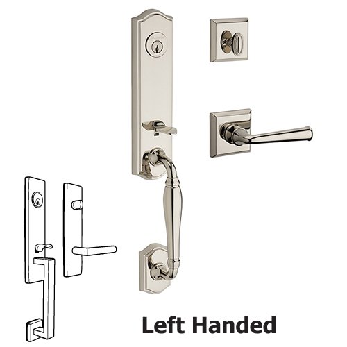 Left Handed Single Cylinder New Hampshire Handleset with Federal Door Lever with Traditional Square Rose in Polished Nickel