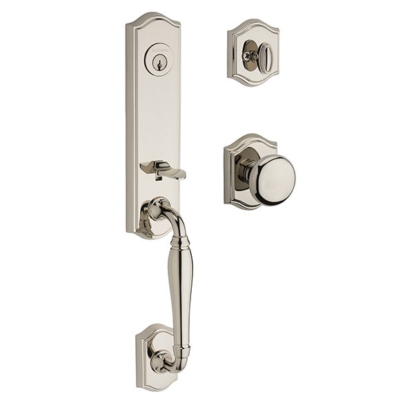 Single Cylinder New Hampshire Handleset with Round Door Knob with Traditional Arch Rose in Polished Nickel