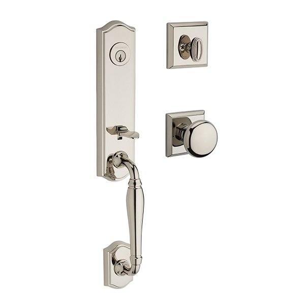 Single Cylinder New Hampshire Handleset with Round Door Knob with Traditional Square Rose in Polished Nickel