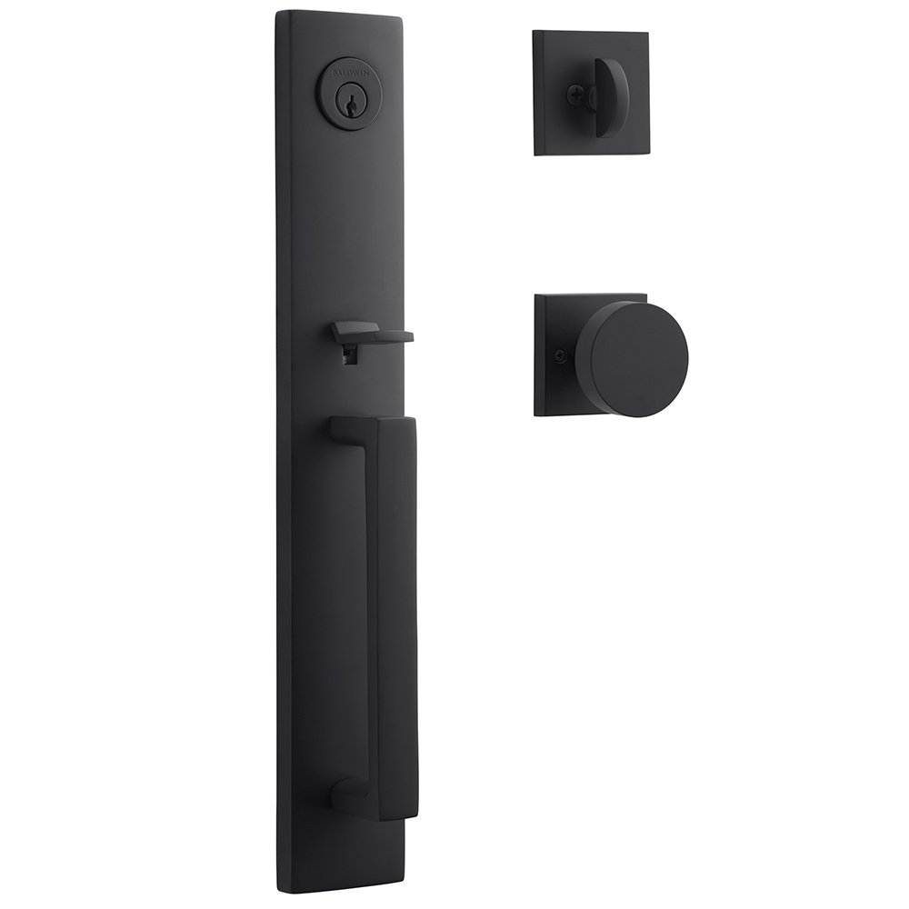 Single Cylinder Santa Cruz Handleset with Contemporary Door Knob with Contemporary Square Rose in Satin Black