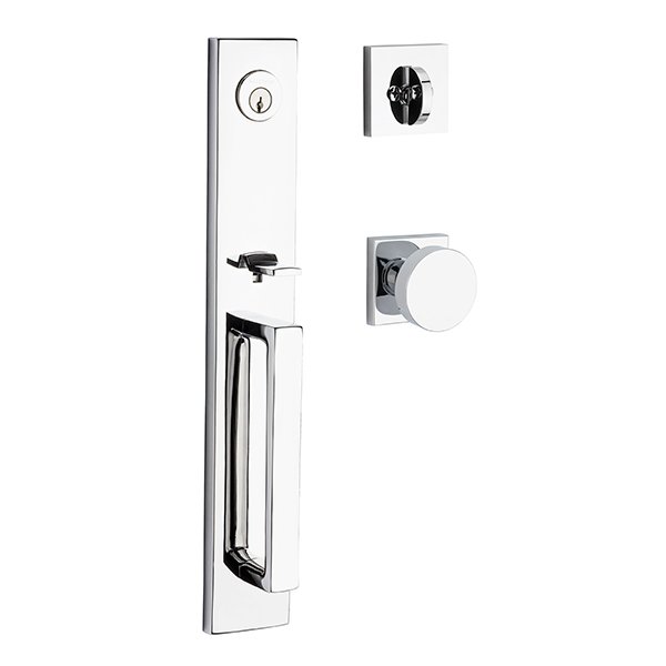 Single Cylinder Santa Cruz Handleset with Contemporary Door Knob with Contemporary Square Rose in Polished Chrome