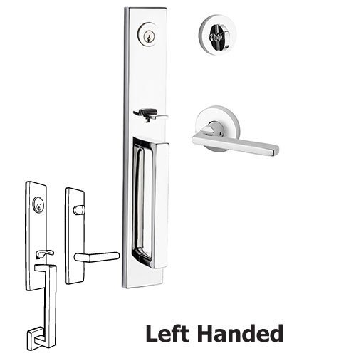 Left Handed Single Cylinder Santa Cruz Handleset with Square Door Lever with Contemporary Round Rose in Polished Chrome