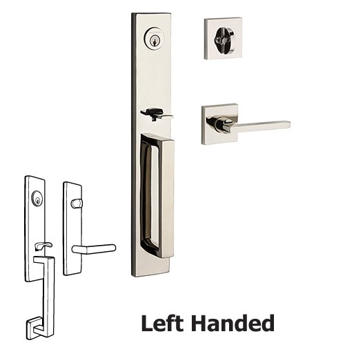 Left Handed Single Cylinder Santa Cruz Handleset with Square Door Lever with Contemporary Square Rose in Polished Nickel