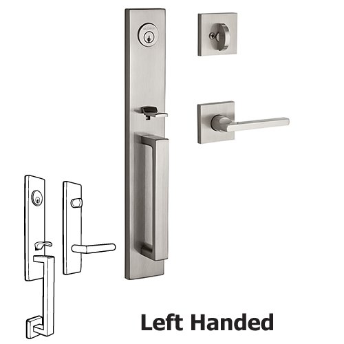 Left Handed Single Cylinder Santa Cruz Handleset with Square Door Lever with Contemporary Square Rose in Satin Nickel