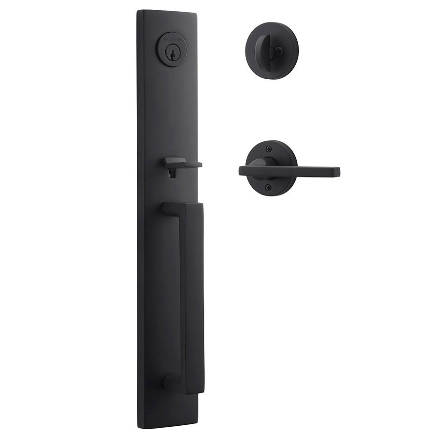Right Handed Single Cylinder Santa Cruz Handleset with Square Door Lever with Contemporary Round Rose in Satin Black