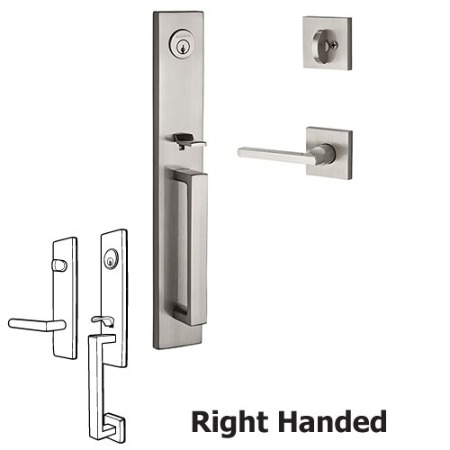 Right Handed Single Cylinder Santa Cruz Handleset with Square Door Lever with Contemporary Square Rose in Satin Nickel