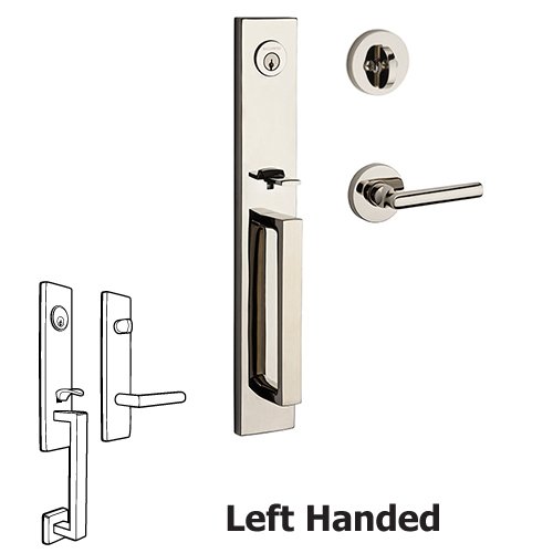 Left Handed Single Cylinder Santa Cruz Handleset with Tube Door Lever with Contemporary Round Rose in Polished Nickel