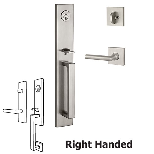 Right Handed Single Cylinder Santa Cruz Handleset with Tube Door Lever with Contemporary Square Rose in Satin Nickel