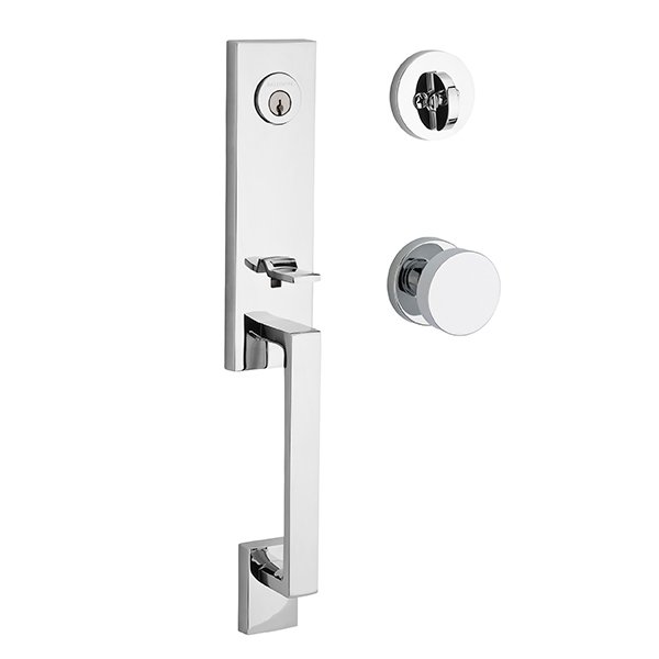 Single Cylinder Seattle Handleset with Contemporary Door Knob with Contemporary Round Rose in Polished Chrome