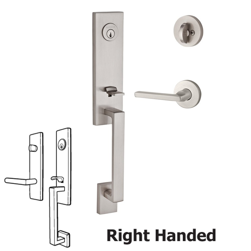 Handleset with Right Handed Square Lever and Contemporary Round Rose in Satin Nickel