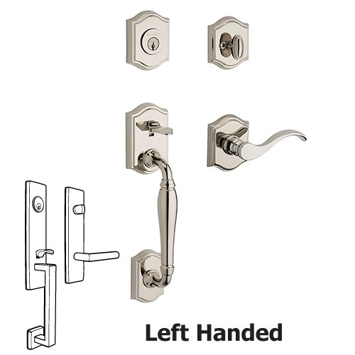 Left Handed Single Cylinder Westcliff Handleset with Curve Door Lever with Traditional Arch Rose in Polished Nickel