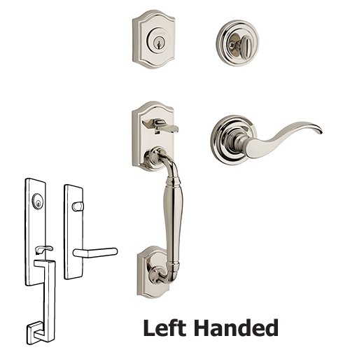 Left Handed Single Cylinder Westcliff Handleset with Curve Door Lever with Traditional Round Rose in Polished Nickel