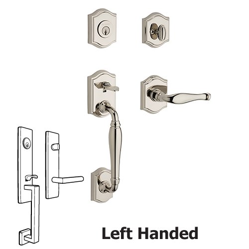 Left Handed Single Cylinder Westcliff Handleset with Decorative Door Lever with Traditional Arch Rose in Polished Nickel