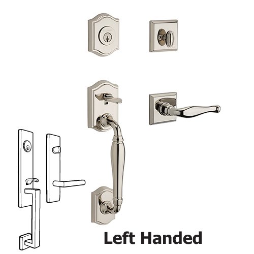 Left Handed Single Cylinder Westcliff Handleset with Decorative Door Lever with Traditional Square Rose in Polished Nickel