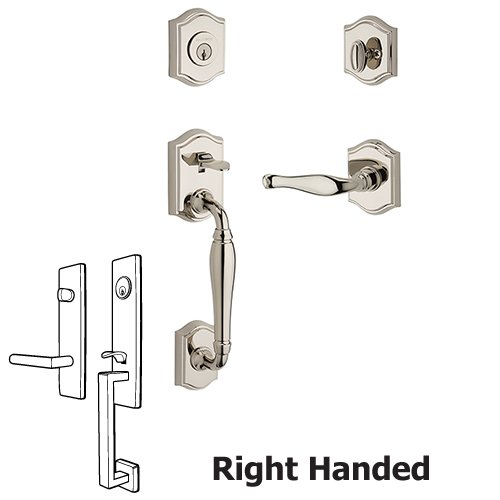 Right Handed Single Cylinder Westcliff Handleset with Decorative Door Lever with Traditional Arch Rose in Polished Nickel