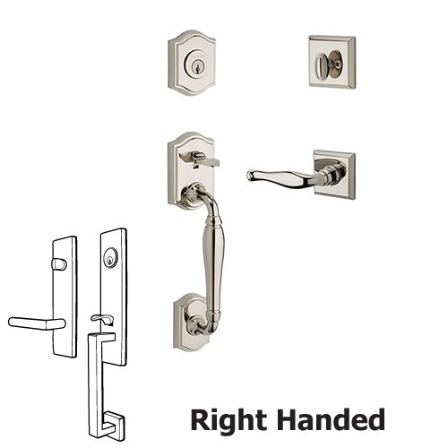 Right Handed Single Cylinder Westcliff Handleset with Decorative Door Lever with Traditional Square Rose in Polished Nickel