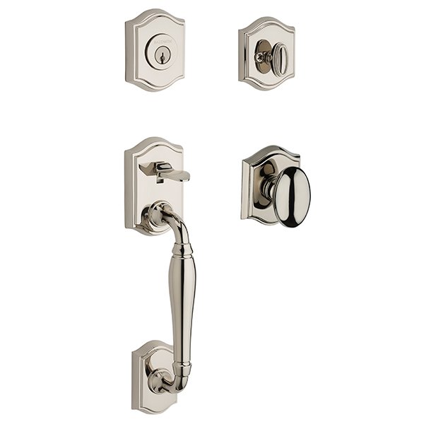 Single Cylinder Westcliff Handleset with Ellipse Door Knob with Traditional Arch Rose in Polished Nickel