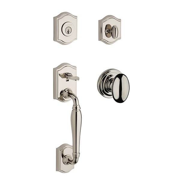 Single Cylinder Westcliff Handleset with Ellipse Door Knob with Traditional Round Rose in Polished Nickel