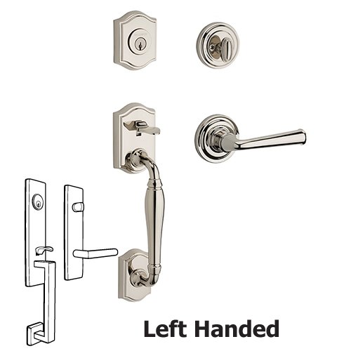 Left Handed Single Cylinder Westcliff Handleset with Federal Door Lever with Traditional Round Rose in Polished Nickel