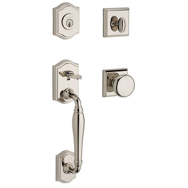 Single Cylinder Westcliff Handleset with Round Door Knob with Traditional Square Rose in Polished Nickel