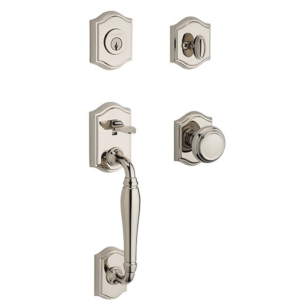 Single Cylinder Westcliff Handleset with Traditional Door Knob with Traditional Arch Rose in Polished Nickel