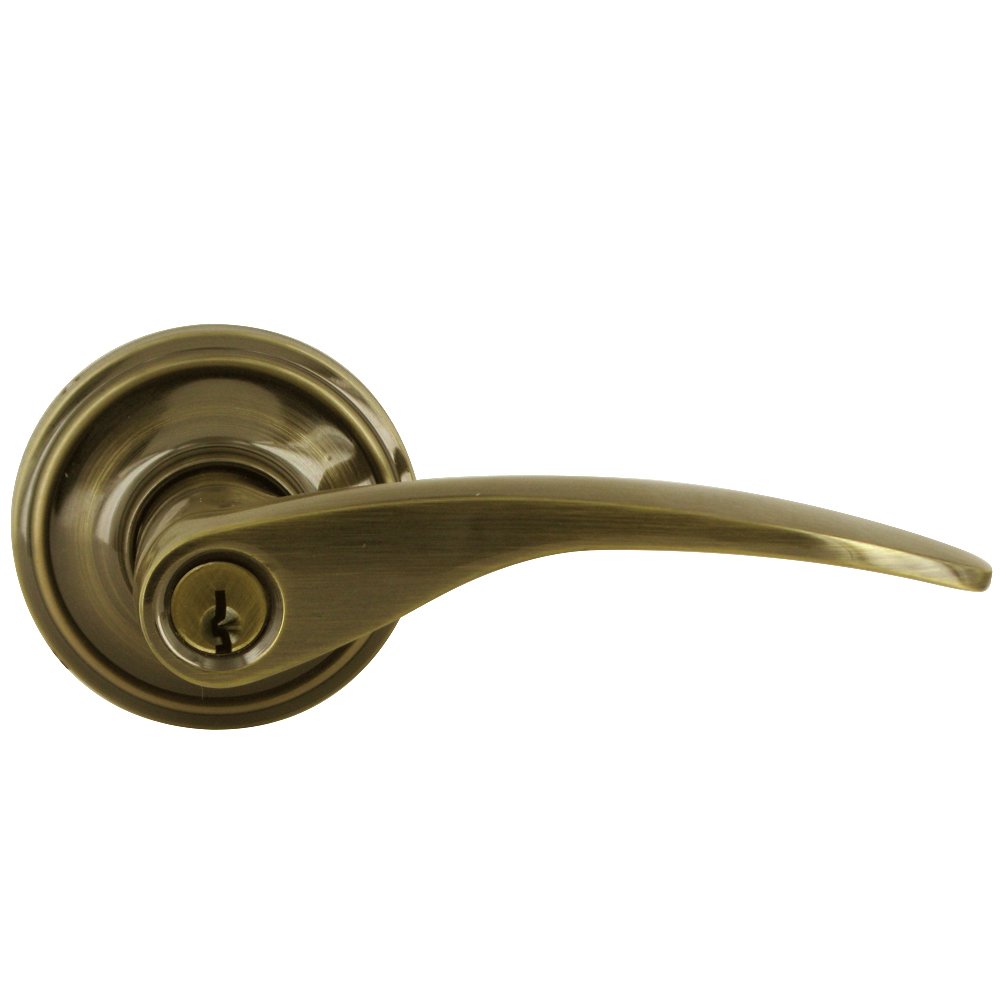 Keyed Right Handed Entry Door Lever in Antique Brass
