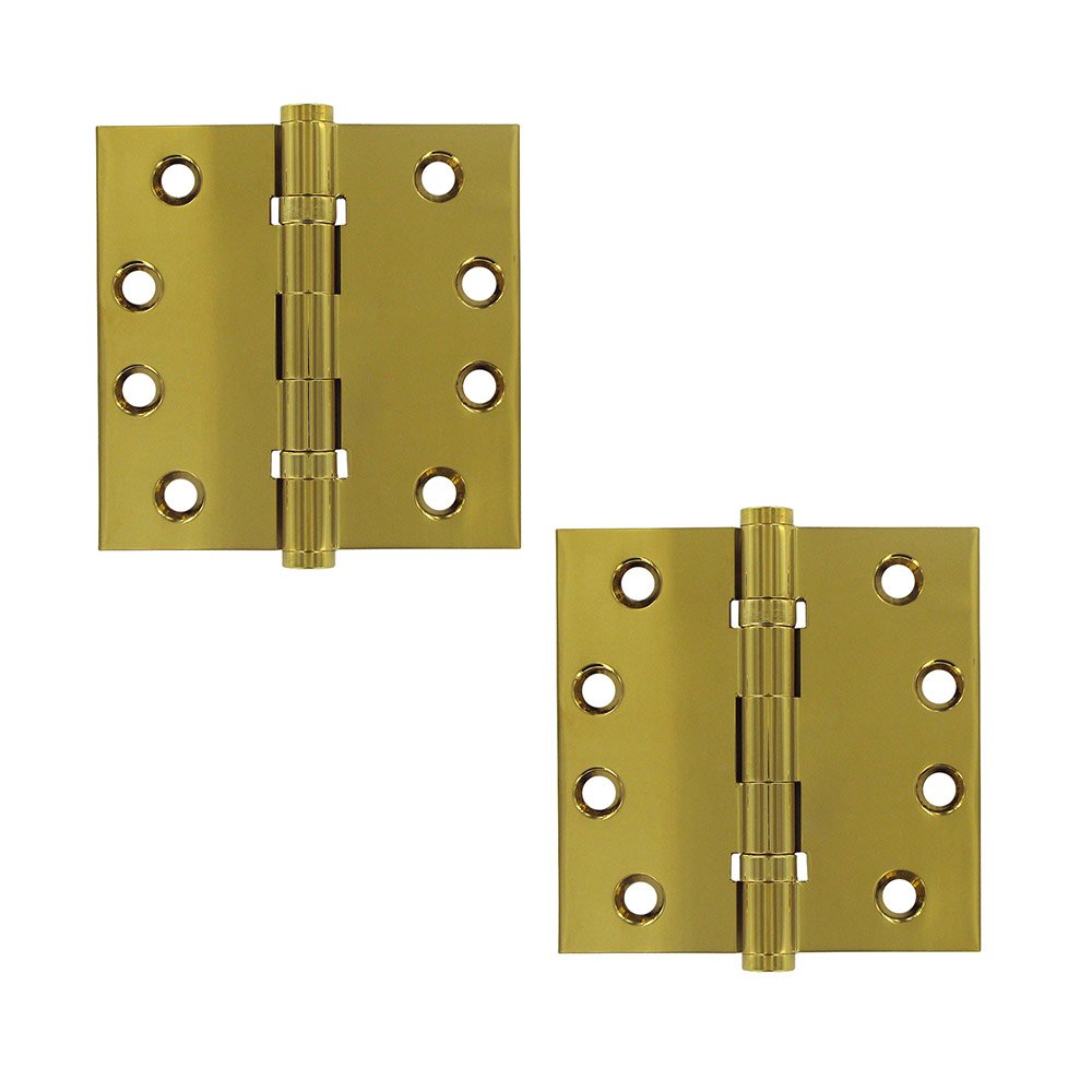 Solid Brass 4" x 4" 2 Ball Bearing Square Lifetime Finish Door Hinge (Sold as a Pair) in PVD Brass