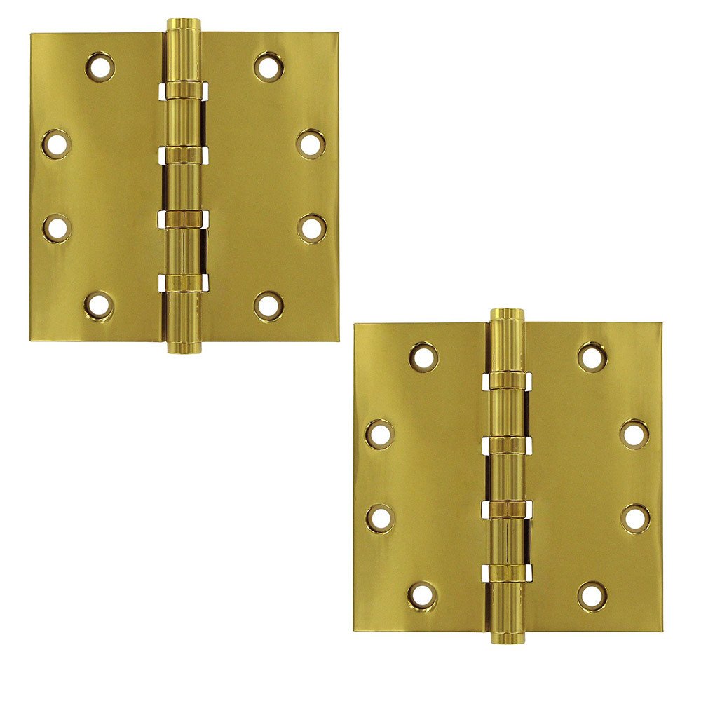 Solid Brass 4 1/2" x 4 1/2" 4 Ball Bearing Square Lifetime Finish Door Hinge (Sold as a Pair) in PVD Brass