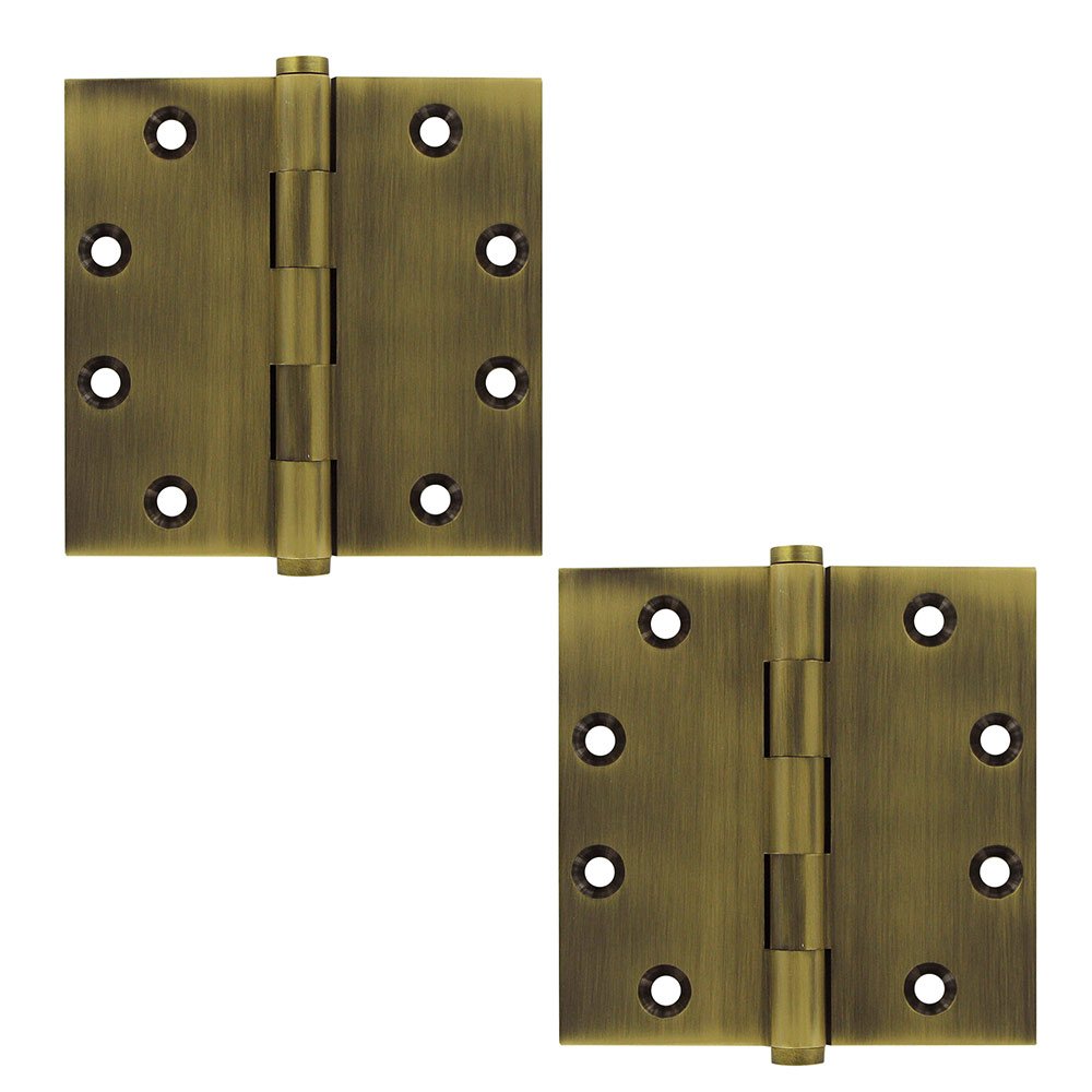 Solid Brass 4" x 4" Standard Square Door Hinge (Sold as a Pair) in Antique Brass