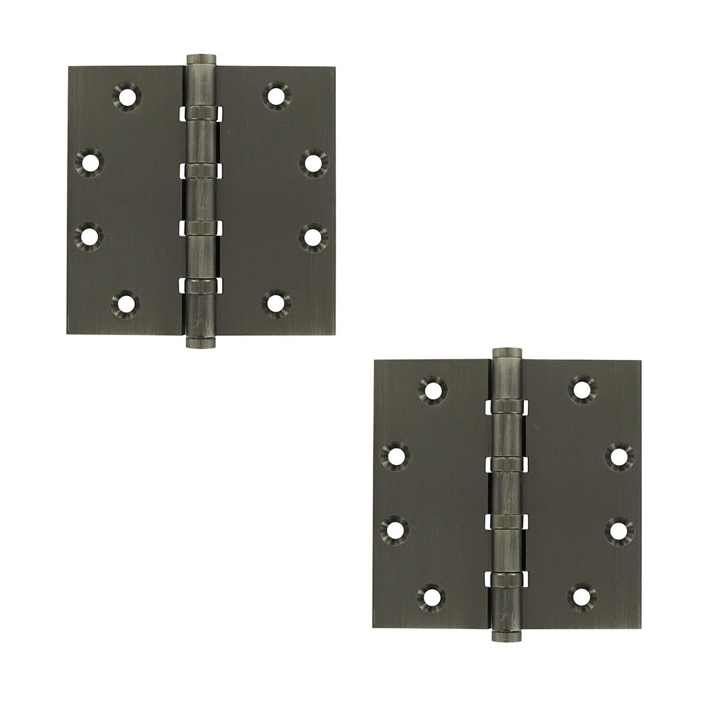 Solid Brass 4 1/2" x 4 1/2" 4 Ball Bearing Square Door Hinge (Sold as a Pair) in Antique Nickel