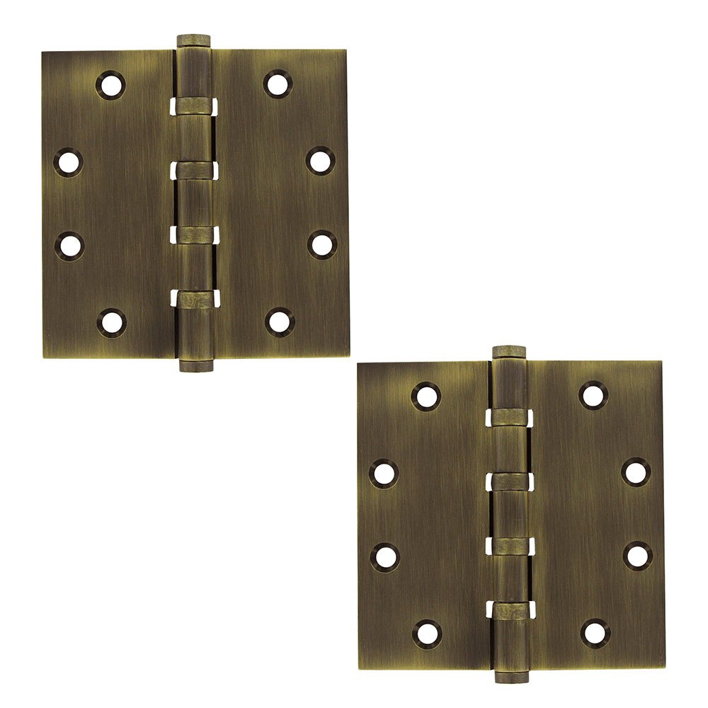 Solid Brass 4 1/2" x 4 1/2" 4 Ball Bearing Square Door Hinge (Sold as a Pair) in Antique Brass