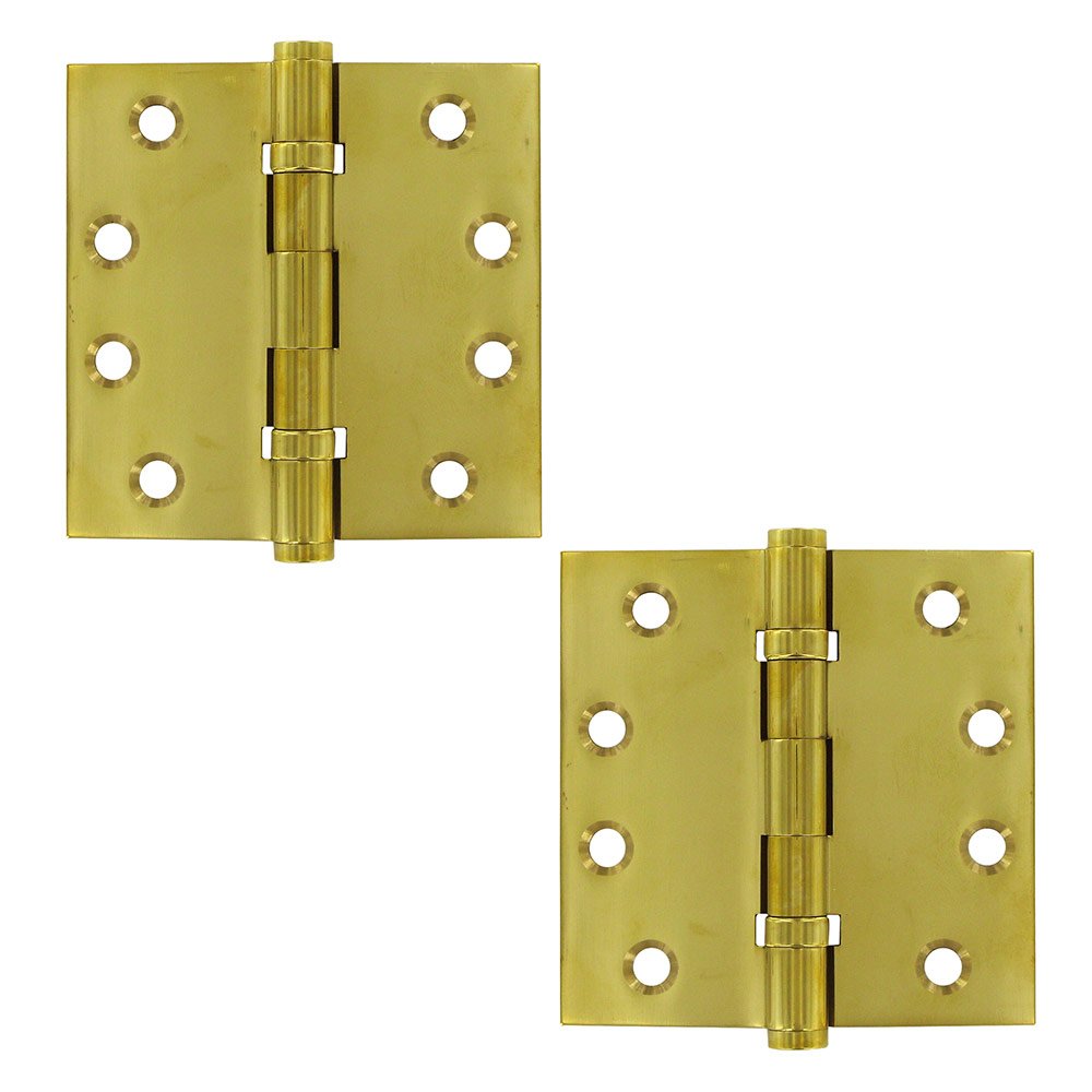 Solid Brass 4" x 4" 2 Ball Bearing Square Door Hinge (Sold as a Pair) in Polished Brass Unlacquered