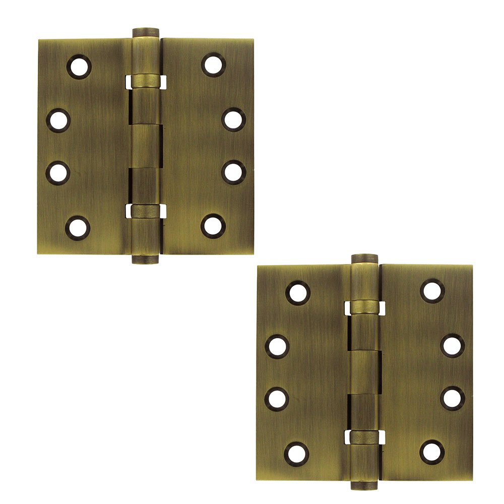 Solid Brass 4" x 4" 2 Ball Bearing Square Door Hinge (Sold as a Pair) in Antique Brass
